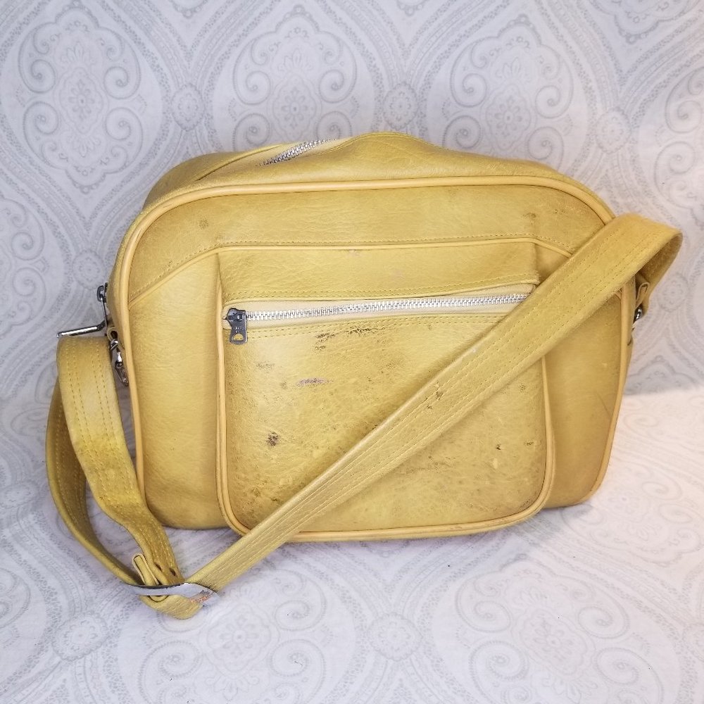 Vintage Yellow American Tourister Carry-On Luggage Bag Crossbody Strap Leather ?